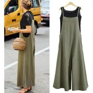 New Long Rompers Wide Leg Baggy Bibs Overalls Jumpsuits, Green